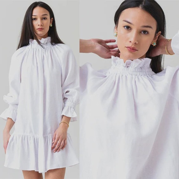 NWT Ephemera Ruffle High Neck Linen Garland Smock Dress in White - Picture 11 of 11